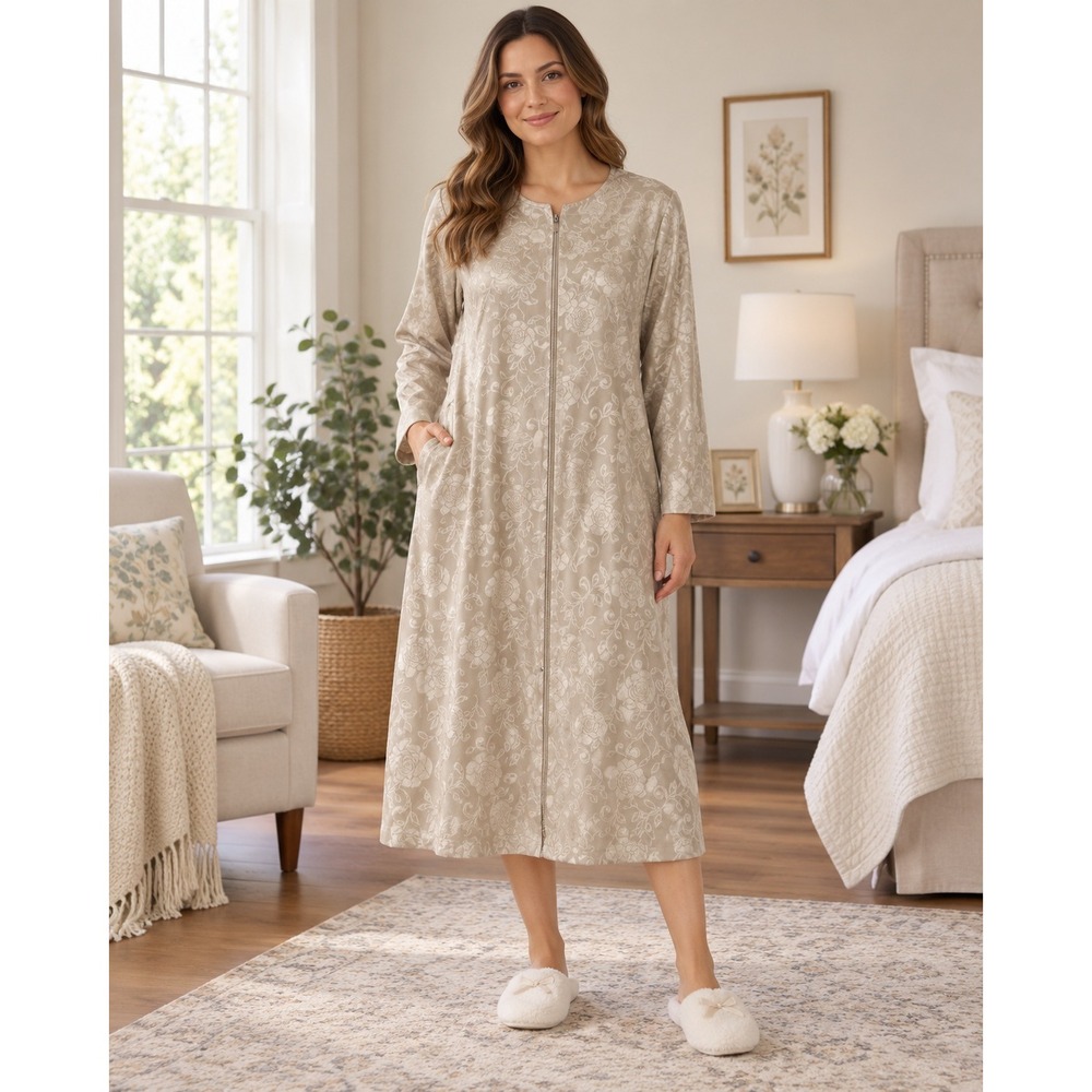 Miss Elaine Robe Beige Floral Embossed Full Zip Plush Long Sleeve Housecoat M